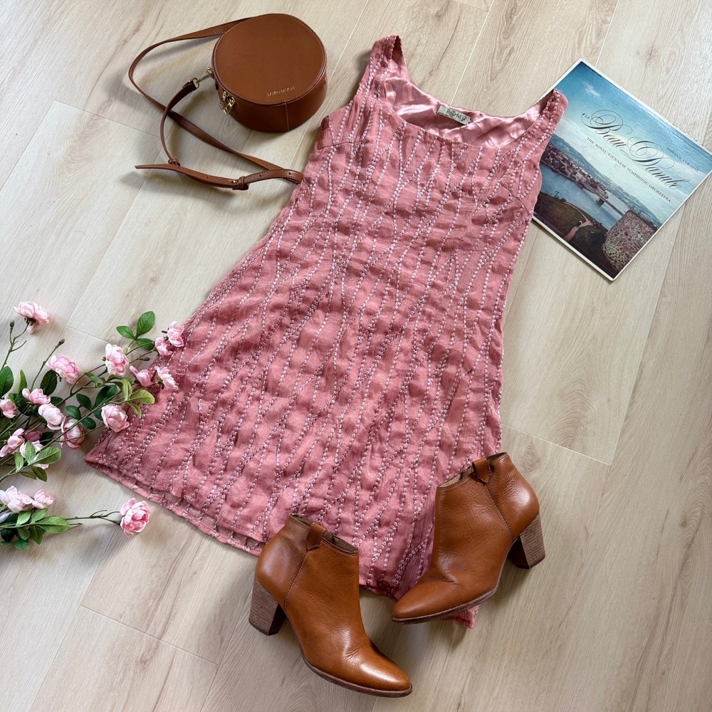 Romy Chiffon Satin Embroidered Textured Pink Tank Mini Dress Lined S Barbie Chic - Picture 14 of 15